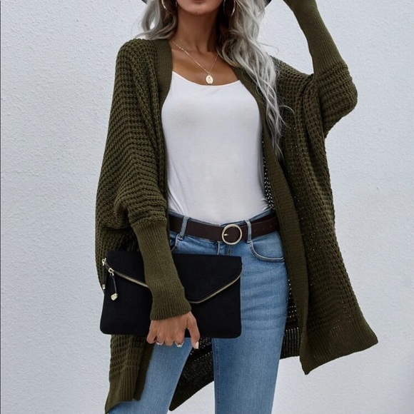 Sweaters - Boho knit batwing sleeve open cardigan dark green